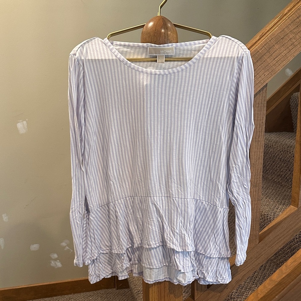 Michael Stars Light Blue & White Striped Peplum Long Sleeve Tee